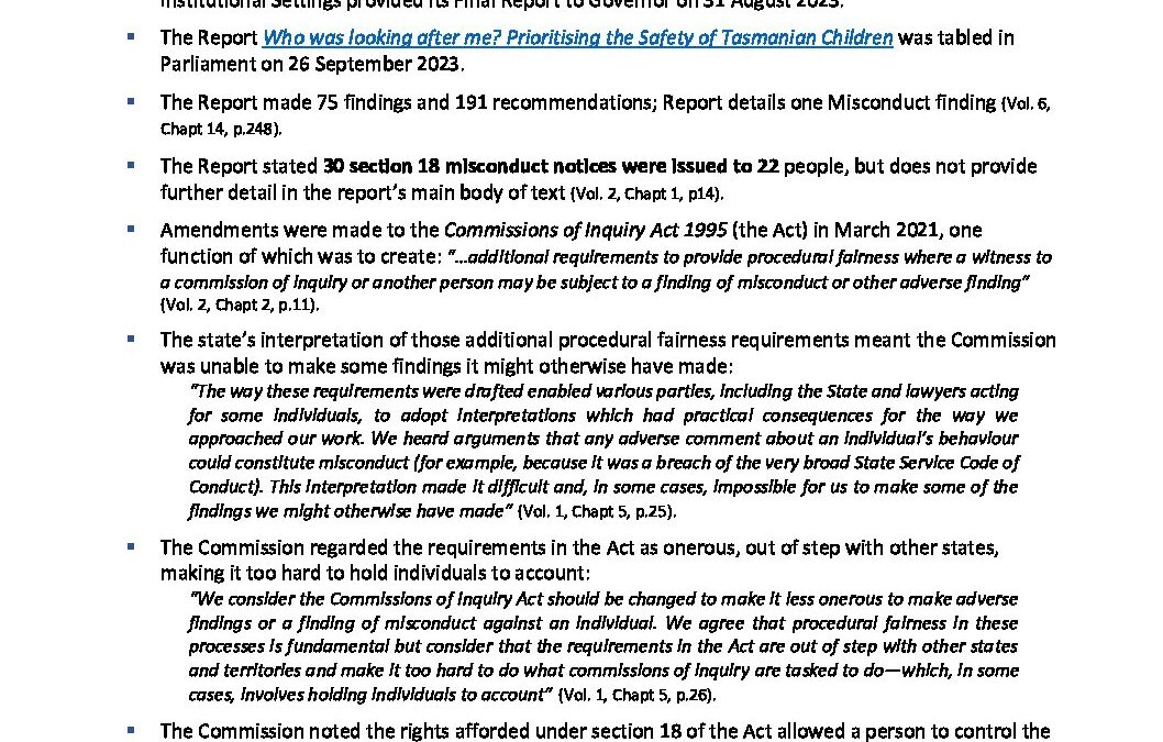 Background Briefing Paper – Further Key Concerns Arising from CoI Report