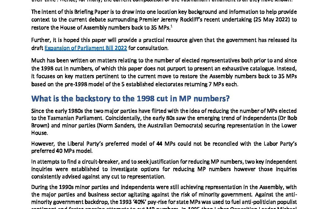 Background Briefing Paper – Restoring House of Assembly Numbers