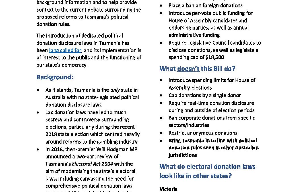 Background Briefing Paper – Electoral Donation Laws