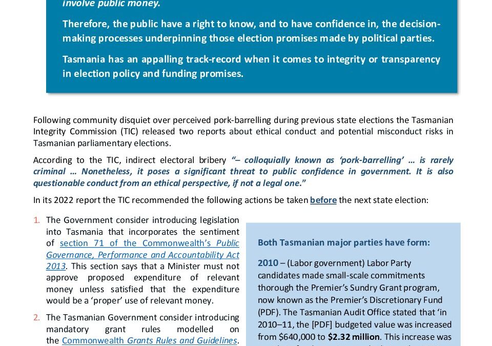 Background Briefing Paper – State Election Pork-barrelling Concerns