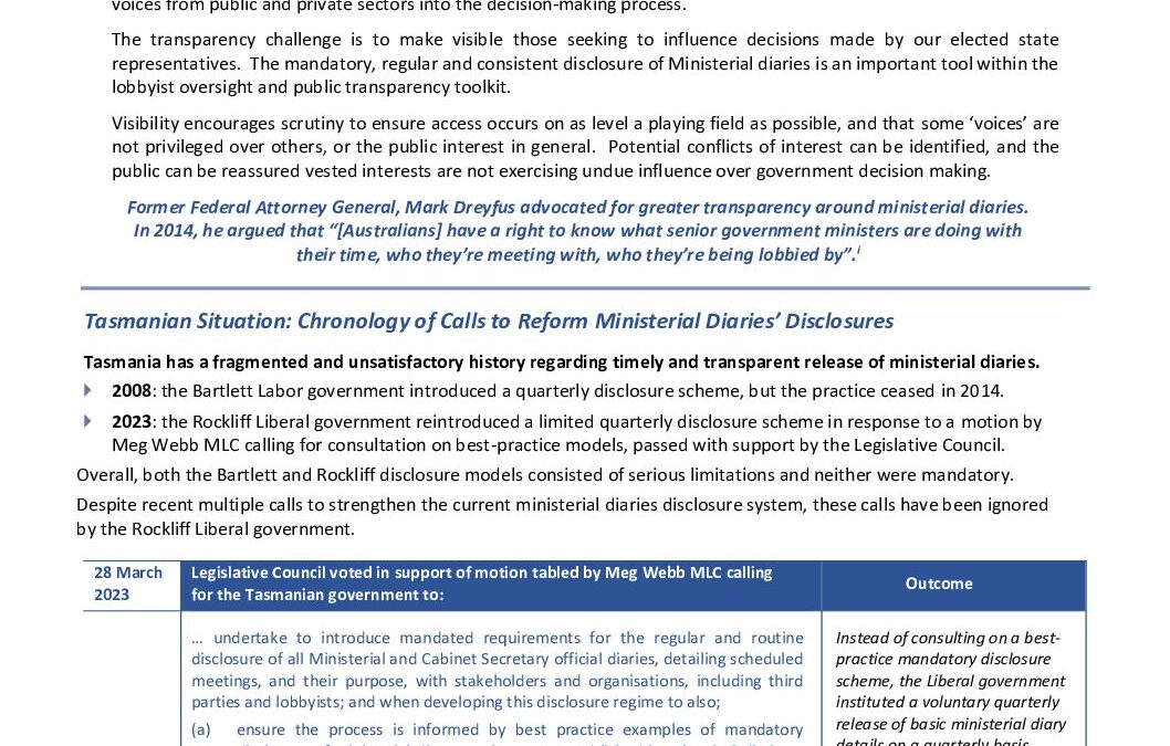 Sept 22 2025-Background Brief-Ministerial Diaries Disclosure Reform-M Webb MLC-ATTACH